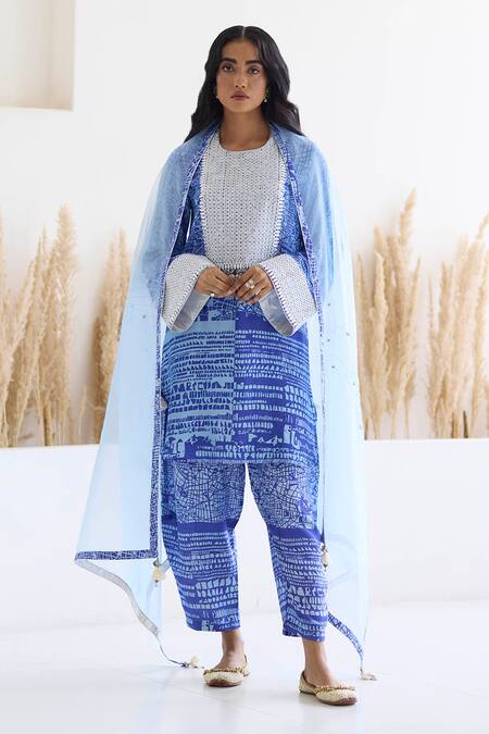 Inej_Blue Cotton, Silk Sequins, Metallic Kashmiri Geometric Print Kurta And Salwar Set _at_Aza_Fashions
