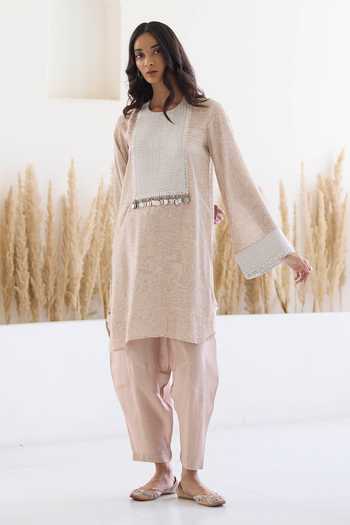 Shop_Inej_Pink Cotton, Silk Sequins, Metallic Thread Kashmiri Printed Kurta And Salwar Set _Online_at_Aza_Fashions