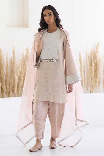 Inej_Pink Cotton, Silk Sequins, Metallic Thread Kashmiri Printed Kurta And Salwar Set _at_Aza_Fashions