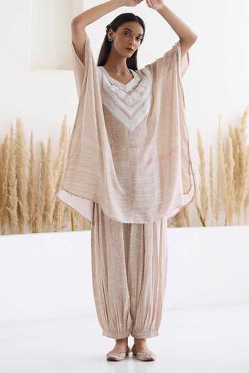Buy_Inej_Pink Cotton, Silk Diamonds, Embroidery V-neck Geometric Kaftan And Salwar Set _Online_at_Aza_Fashions