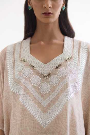 Shop_Inej_Pink Cotton, Silk Diamonds, Embroidery V-neck Geometric Kaftan And Salwar Set _Online_at_Aza_Fashions