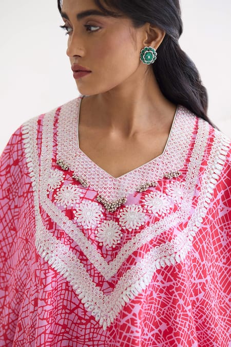 Inej Red Cotton, Silk Embroidery Split V-neck Printed Kaftan And Salwar Set Online at Aza Fashions Inej_Red Cotton, Silk Embroidery Split V-neck Printed Kaftan And Salwar Set _Online_at_Aza_Fashions