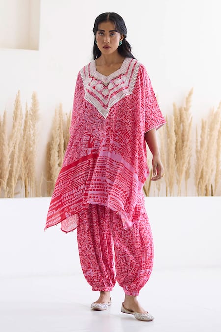 Shop Inej Red Cotton, Silk Embroidery Split V-neck Printed Kaftan And Salwar Set Online at Aza Fashions Shop_Inej_Red Cotton, Silk Embroidery Split V-neck Printed Kaftan And Salwar Set _Online_at_Aza_Fashions