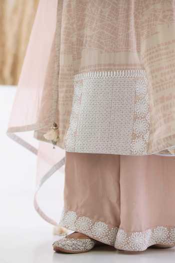 Inej_Pink Cotton, Silk Embroidery Round Neck Geometric Print Anarkali And Palazzo Set _Online_at_Aza_Fashions
