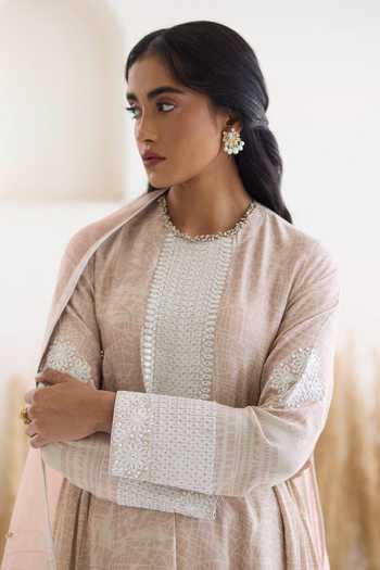 Buy_Inej_Pink Cotton, Silk Embroidery Round Neck Geometric Print Anarkali And Palazzo Set _Online_at_Aza_Fashions