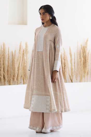 Shop_Inej_Pink Cotton, Silk Embroidery Round Neck Geometric Print Anarkali And Palazzo Set _Online_at_Aza_Fashions