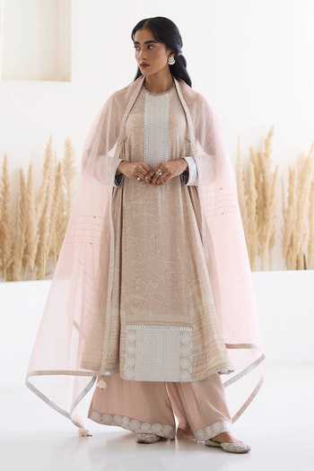 Inej_Pink Cotton, Silk Embroidery Round Neck Geometric Print Anarkali And Palazzo Set _at_Aza_Fashions