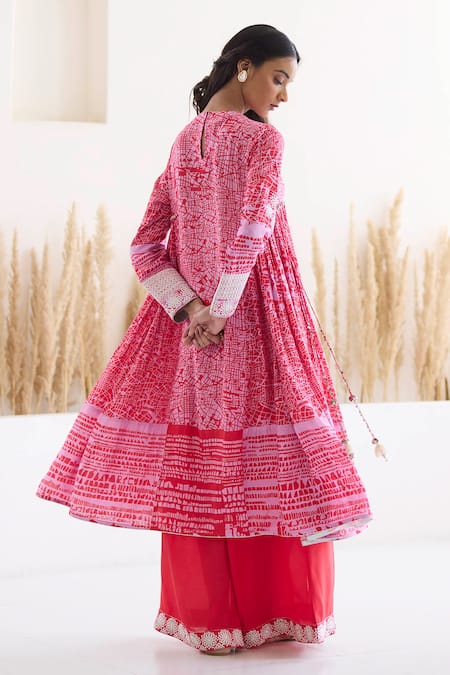 Shop Inej Red Cotton, Silk Diamonds, Embroidery Round Neck Printed Anarkali And Palazzo Set at Aza Fashions Shop_Inej_Red Cotton, Silk Diamonds, Embroidery Round Neck Printed Anarkali And Palazzo Set _at_Aza_Fashions