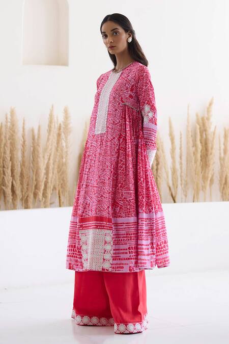 Inej Red Cotton, Silk Diamonds, Embroidery Round Neck Printed Anarkali And Palazzo Set Online at Aza Fashions Inej_Red Cotton, Silk Diamonds, Embroidery Round Neck Printed Anarkali And Palazzo Set _Online_at_Aza_Fashions