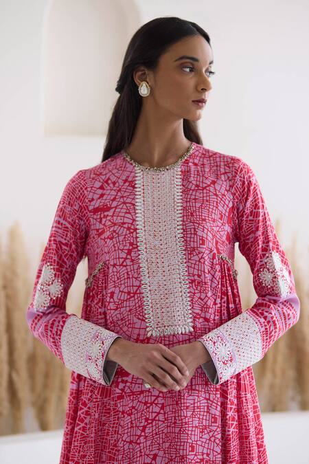 Shop Inej Red Cotton, Silk Diamonds, Embroidery Round Neck Printed Anarkali And Palazzo Set Online at Aza Fashions Shop_Inej_Red Cotton, Silk Diamonds, Embroidery Round Neck Printed Anarkali And Palazzo Set _Online_at_Aza_Fashions