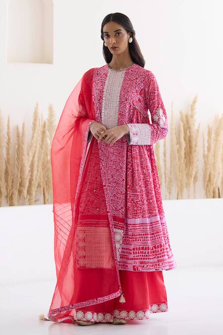 Inej Red Cotton, Silk Diamonds, Embroidery Round Neck Printed Anarkali And Palazzo Set at Aza Fashions Inej_Red Cotton, Silk Diamonds, Embroidery Round Neck Printed Anarkali And Palazzo Set _at_Aza_Fashions