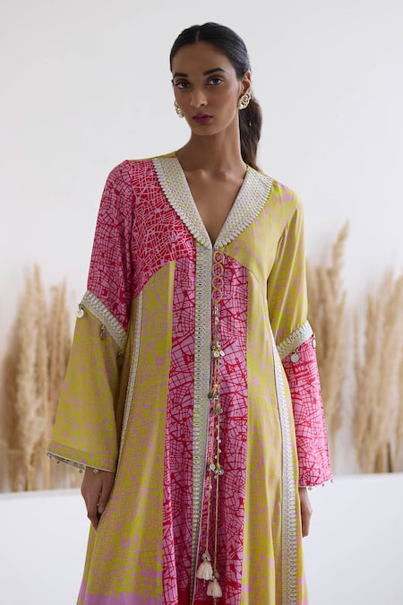 Inej_Multi Color Cotton, Silk Sequins V-neck Abstract Print Anarkali And Palazzo Set _Online_at_Aza_Fashions