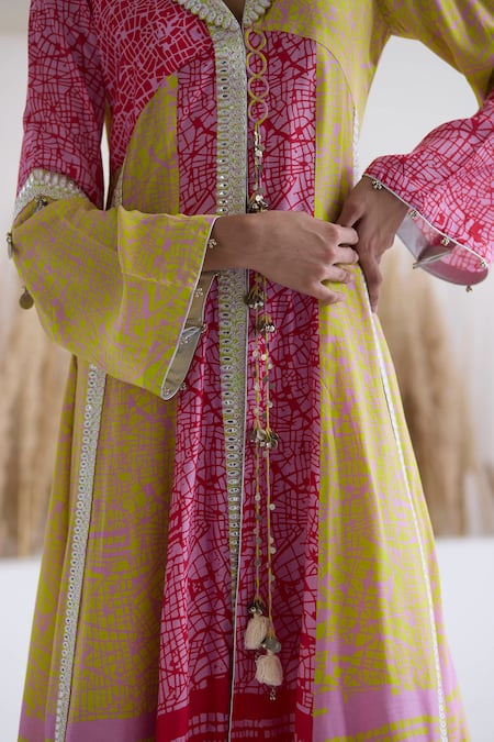 Buy_Inej_Multi Color Cotton, Silk Sequins V-neck Abstract Print Anarkali And Palazzo Set _Online_at_Aza_Fashions