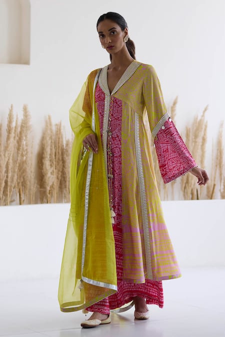 Inej_Multi Color Cotton, Silk Sequins V-neck Abstract Print Anarkali And Palazzo Set _at_Aza_Fashions