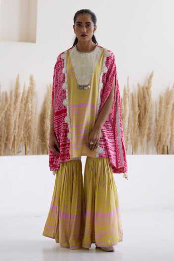 Buy_Inej_Multi Color Cotton, Silk Sequins Printed Cape Top And Gharara Set _Online_at_Aza_Fashions