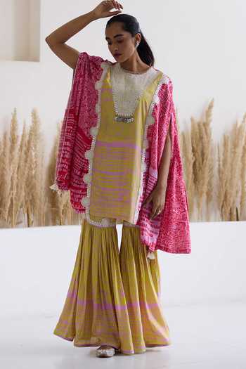 Shop_Inej_Multi Color Cotton, Silk Sequins Printed Cape Top And Gharara Set _Online_at_Aza_Fashions