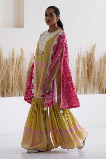 Inej_Multi Color Cotton, Silk Sequins Printed Cape Top And Gharara Set _at_Aza_Fashions