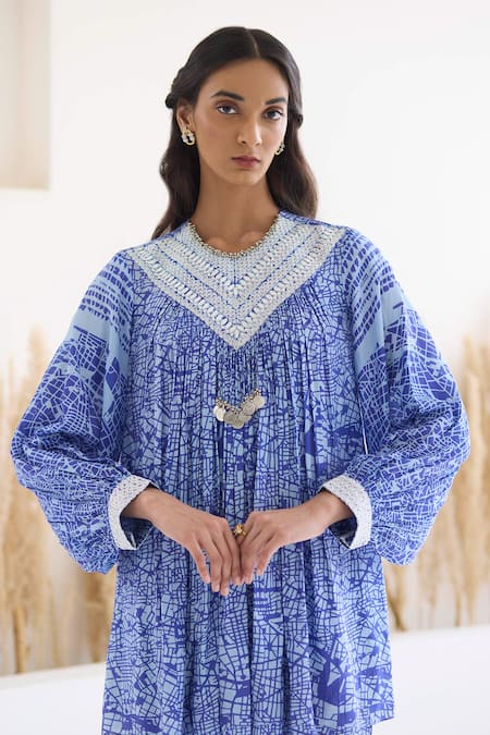 Inej_Blue Cotton, Silk Sequins, Metallic Gathered Printed Top And Bell Bottom Pant Set _Online_at_Aza_Fashions