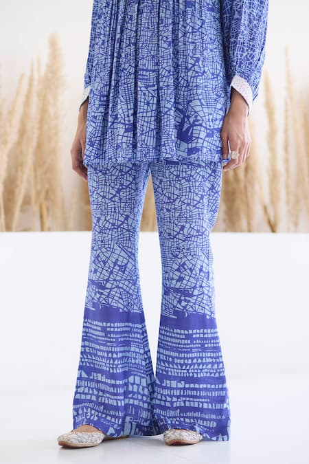 Buy_Inej_Blue Cotton, Silk Sequins, Metallic Gathered Printed Top And Bell Bottom Pant Set _Online_at_Aza_Fashions