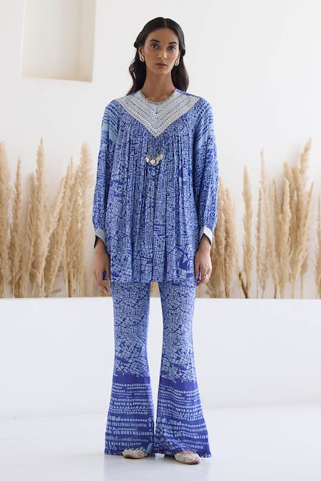 Shop_Inej_Blue Cotton, Silk Sequins, Metallic Gathered Printed Top And Bell Bottom Pant Set _Online_at_Aza_Fashions