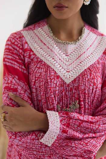 Inej_Red Cotton, Silk Sequins, Diamonds Round Neck Printed Top And Bell Bottom Pant Set _Online_at_Aza_Fashions