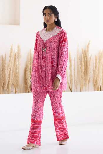 Shop_Inej_Red Cotton, Silk Sequins, Diamonds Round Neck Printed Top And Bell Bottom Pant Set _Online_at_Aza_Fashions