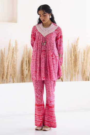 Inej_Red Cotton, Silk Sequins, Diamonds Round Neck Printed Top And Bell Bottom Pant Set _at_Aza_Fashions