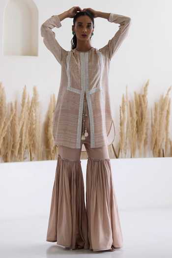 Shop_Inej_Pink Cotton, Silk Diamonds, Embroidery, Sequins Printed Kurta And Gharara Set _Online_at_Aza_Fashions