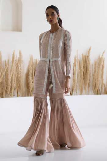 Inej_Pink Cotton, Silk Diamonds, Embroidery, Sequins Printed Kurta And Gharara Set _at_Aza_Fashions