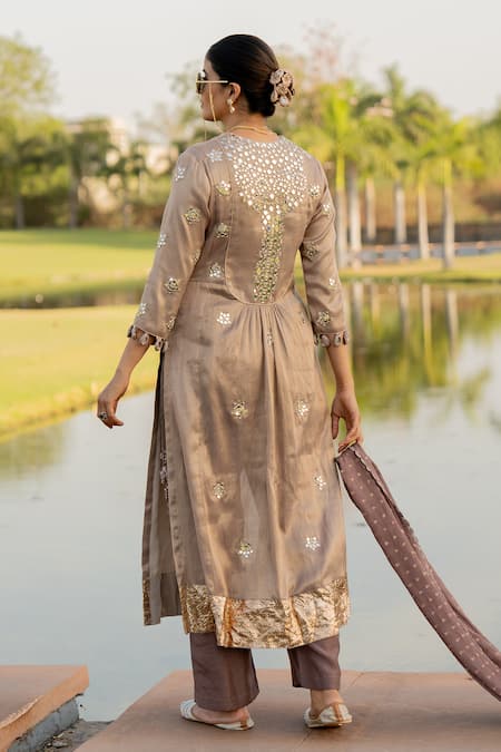 Nikita Vishakha Silver Silk, Tissue Embroidery, Mirrors Round Neck Long Kurta Set Online at Aza Fashions Nikita Vishakha_Silver Silk, Tissue Embroidery, Mirrors Round Neck Long Kurta Set _Online_at_Aza_Fashions