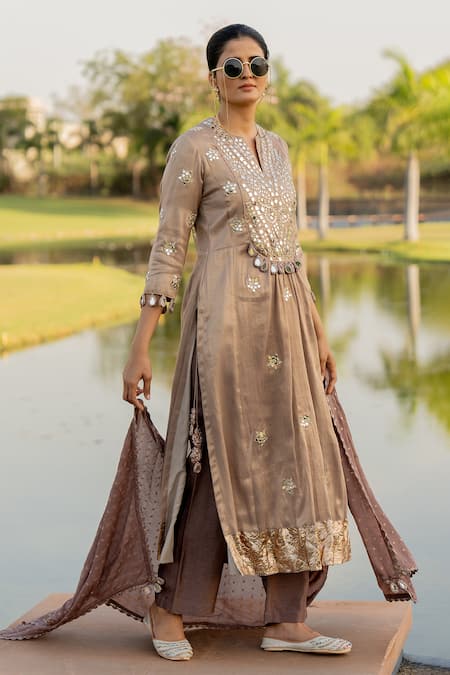 Buy Nikita Vishakha Silver Silk, Tissue Embroidery, Mirrors Round Neck Long Kurta Set Online at Aza Fashions Buy_Nikita Vishakha_Silver Silk, Tissue Embroidery, Mirrors Round Neck Long Kurta Set _Online_at_Aza_Fashions