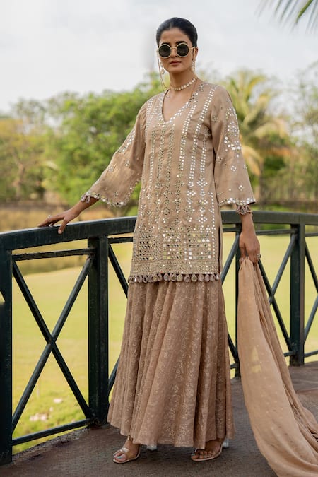 Nikita Vishakha Rose Gold Tissue Embroidered Mirror V Neck Kurta Gharara Set 