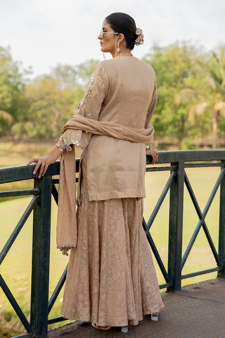 Nikita Vishakha_Rose Gold Tissue, Jacquard Mirrors, Embroidery V-neck Kurta Gharara Set _Online_at_Aza_Fashions