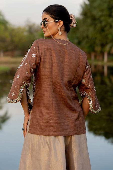 Buy_Nikita Vishakha_Brown Tissue, Silk Mirrors V-neck Embroidered Shirt Kurta With Sharara _Online_at_Aza_Fashions