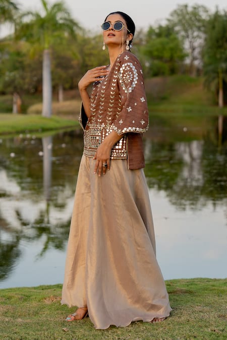 Shop_Nikita Vishakha_Brown Tissue, Silk Mirrors V-neck Embroidered Shirt Kurta With Sharara _Online_at_Aza_Fashions