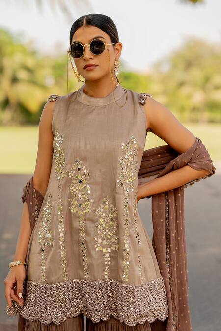 Buy_Nikita Vishakha_Silver Organza, Tissue, Chiffon Mirrors High Neck Embroidered Kurta Gharara Set _Online_at_Aza_Fashions