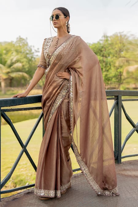 Buy_Nikita Vishakha_Brown Silk, Tissue Mirrors Round Neck Embroidered Hem Saree With Blouse _Online_at_Aza_Fashions
