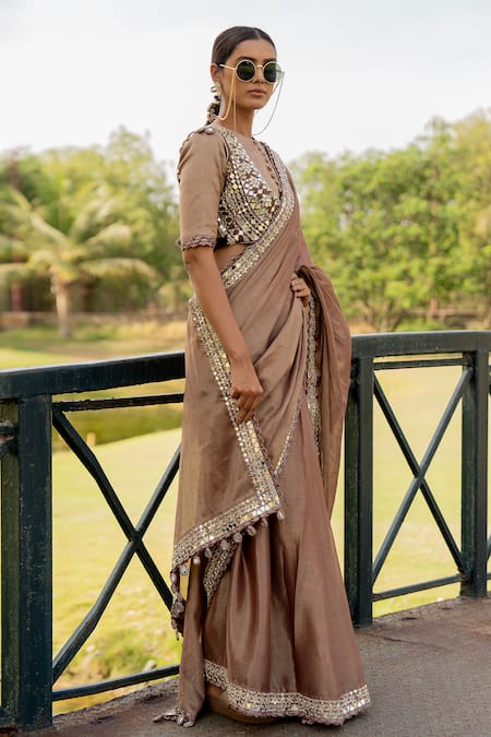 Shop_Nikita Vishakha_Brown Silk, Tissue Mirrors Round Neck Embroidered Hem Saree With Blouse _Online_at_Aza_Fashions