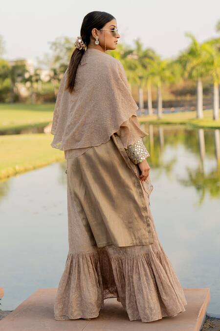 Nikita Vishakha Beige Tissue, Jacquard Mirrors, Tassels Embroidered Shirt Kurta Sharara Set Online at Aza Fashions Nikita Vishakha_Beige Tissue, Jacquard Mirrors, Tassels Embroidered Shirt Kurta Sharara Set _Online_at_Aza_Fashions
