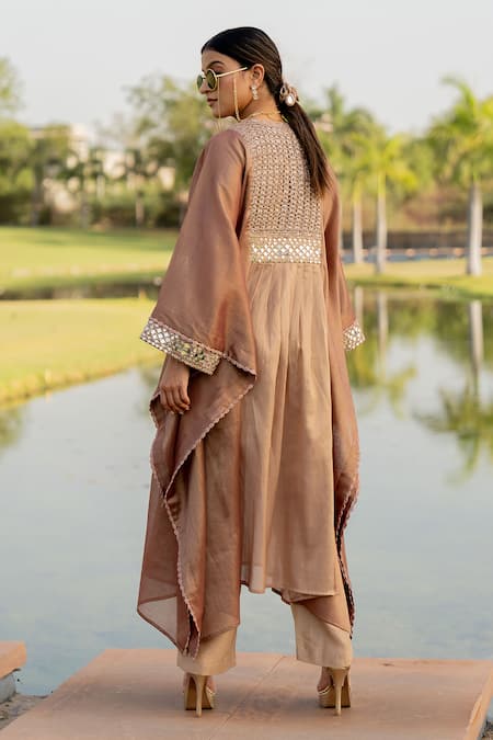 Nikita Vishakha Rose Gold Silk, Tissue Mirrors V-neck Embroidered Kaftan Pant Set Online at Aza Fashions Nikita Vishakha_Rose Gold Silk, Tissue Mirrors V-neck Embroidered Kaftan Pant Set _Online_at_Aza_Fashions