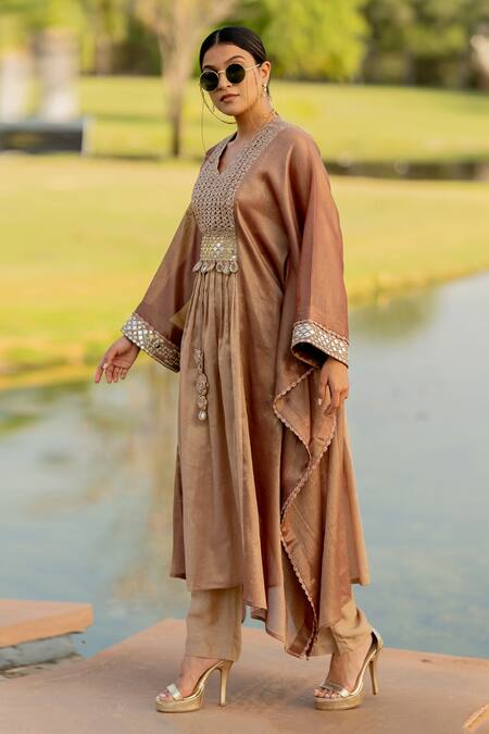 Buy Nikita Vishakha Rose Gold Silk, Tissue Mirrors V-neck Embroidered Kaftan Pant Set Online at Aza Fashions Buy_Nikita Vishakha_Rose Gold Silk, Tissue Mirrors V-neck Embroidered Kaftan Pant Set _Online_at_Aza_Fashions