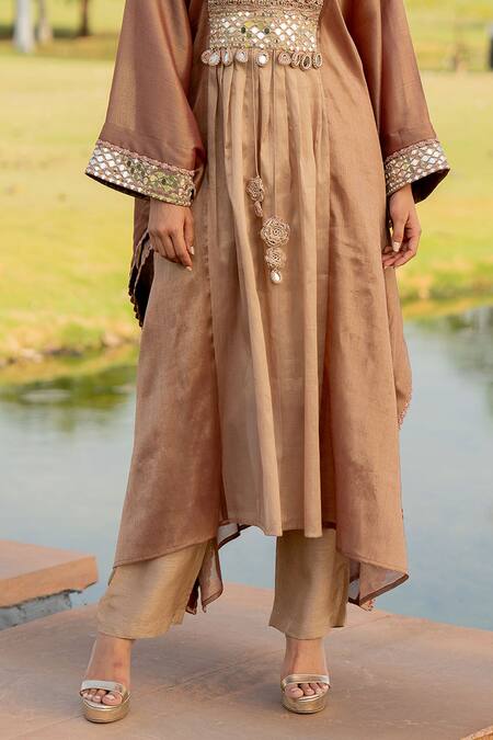 Shop Nikita Vishakha Rose Gold Silk, Tissue Mirrors V-neck Embroidered Kaftan Pant Set Online at Aza Fashions Shop_Nikita Vishakha_Rose Gold Silk, Tissue Mirrors V-neck Embroidered Kaftan Pant Set _Online_at_Aza_Fashions