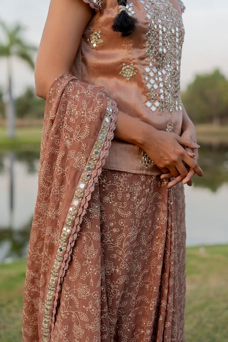Shop Nikita Vishakha Beige Tissue Embroidery, Floral Jaal Work Pre-draped Saree With Kurta Blouse Online at Aza Fashions Shop_Nikita Vishakha_Beige Tissue Embroidery, Floral Jaal Work Pre-draped Saree With Kurta Blouse _Online_at_Aza_Fashions
