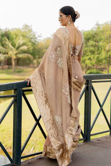 Nikita Vishakha Beige Organza, Tissue Mirrors, Lace V-neck Lampi Embroidered Saree With Blouse Online at Aza Fashions Nikita Vishakha_Beige Organza, Tissue Mirrors, Lace V-neck Lampi Embroidered Saree With Blouse _Online_at_Aza_Fashions
