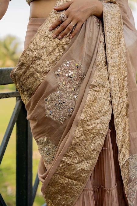 Buy Nikita Vishakha Beige Organza, Tissue Mirrors, Lace V-neck Lampi Embroidered Saree With Blouse Online at Aza Fashions Buy_Nikita Vishakha_Beige Organza, Tissue Mirrors, Lace V-neck Lampi Embroidered Saree With Blouse _Online_at_Aza_Fashions