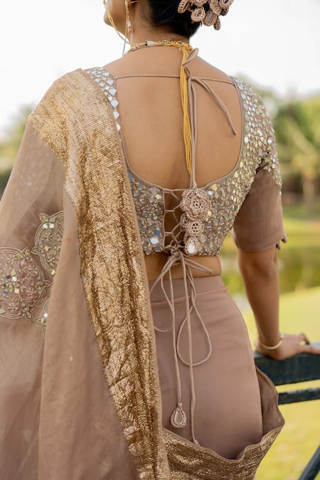 Shop Nikita Vishakha Beige Organza, Tissue Mirrors, Lace V-neck Lampi Embroidered Saree With Blouse Online at Aza Fashions Shop_Nikita Vishakha_Beige Organza, Tissue Mirrors, Lace V-neck Lampi Embroidered Saree With Blouse _Online_at_Aza_Fashions