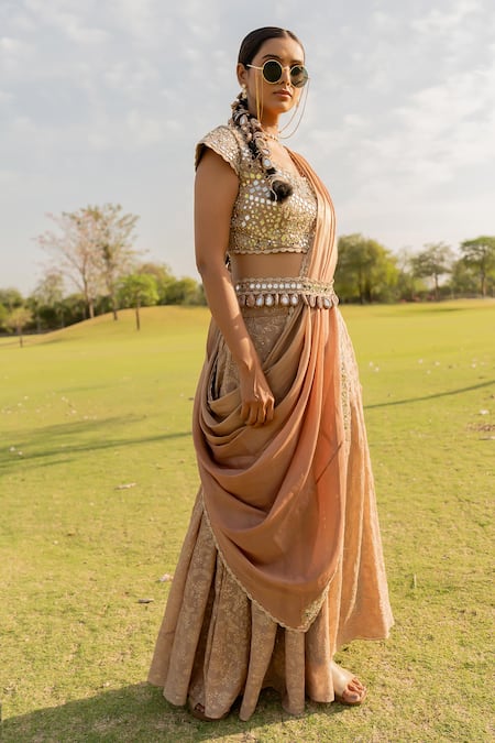 Buy_Nikita Vishakha_Rose Gold Tissue Mirrors, Tassels Embroidered Sharara Set _Online_at_Aza_Fashions