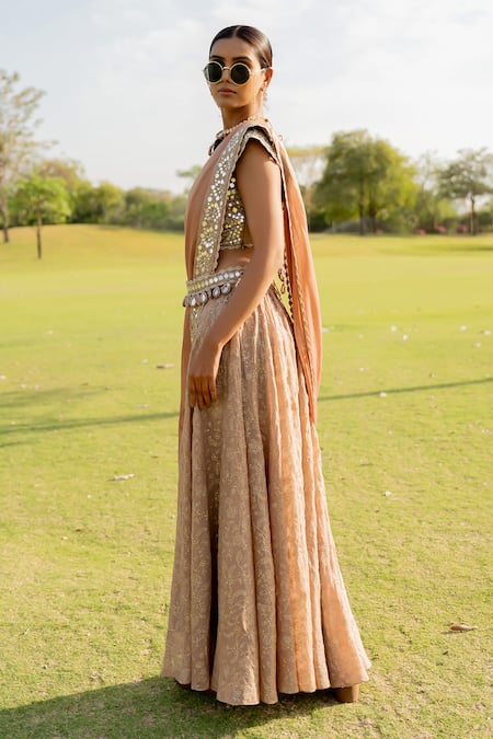 Shop_Nikita Vishakha_Rose Gold Tissue Mirrors, Tassels Embroidered Sharara Set _Online_at_Aza_Fashions