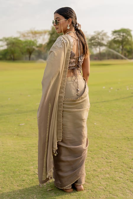 Nikita Vishakha_Silver Tissue, Jacquard Tassels, Double Hued Embroidered Saree With Blouse _Online_at_Aza_Fashions