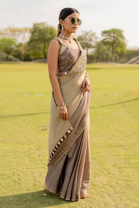 Buy_Nikita Vishakha_Silver Tissue, Jacquard Tassels, Double Hued Embroidered Saree With Blouse _Online_at_Aza_Fashions